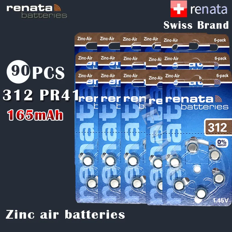 90 шт Renata 312 1 45 v 165mAh цинковые воздушные батареи PR41 A312 для слухового аппарата кнопки