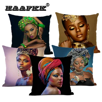 

African Woman Portrait Printed Linen Cottton Seat Cushion cover For Sofa Afro Abstract Throw Pillow Case Decorative Pillowcase