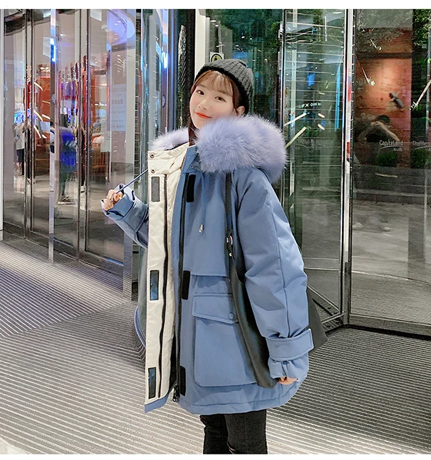 Off Season Winter New Style Students Thick Coat Large Pocket Large Fur Collar Cotton Coat Mid-length Cotton-padded Jacket W