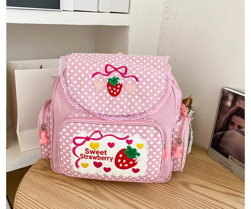 2021 New Arrival! Cute embroidery fruit strawberry lace backpack