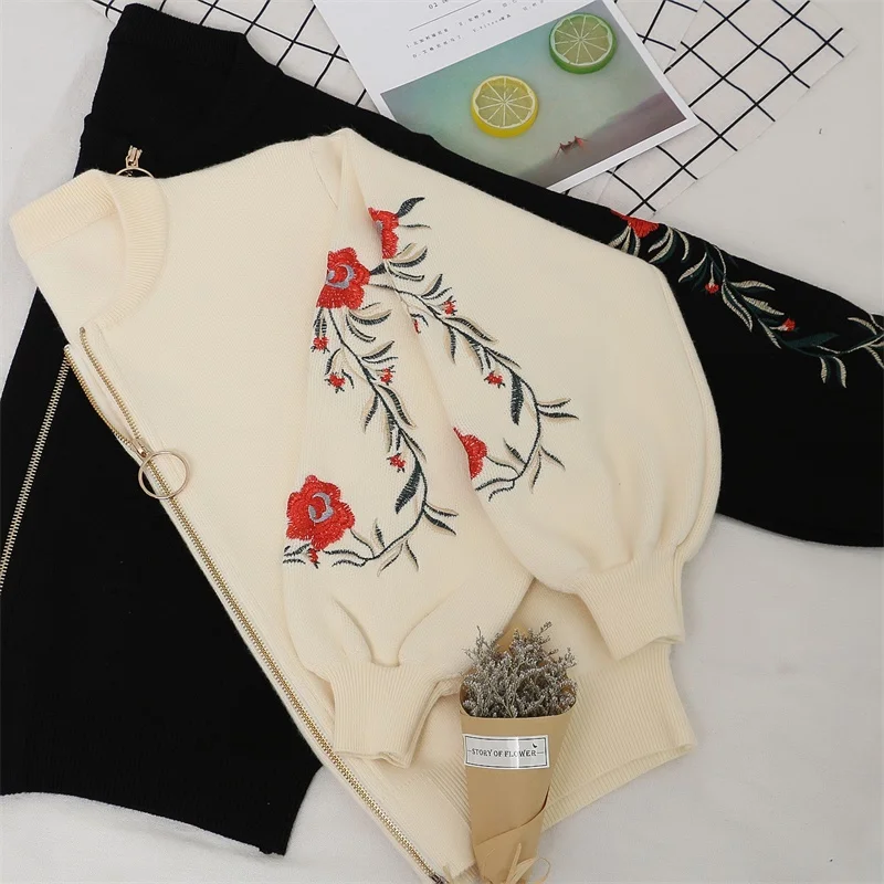 OHCLOTHING Новинка весна осень вышивка розы S/L Размер Женский вышитый свитер с длинным рукавом на молнии кардиган пальто F1761