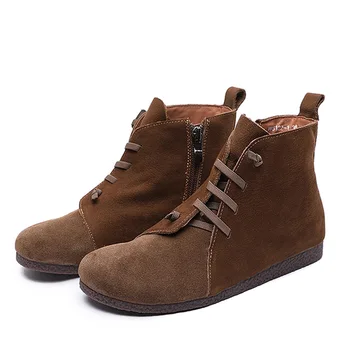

QPFJQD Cow Genuine Leather Platform Boots Women Shoes Lace Up Winter Handmade Zip Flat Booties Spring Ladies Retro Ankle Boots