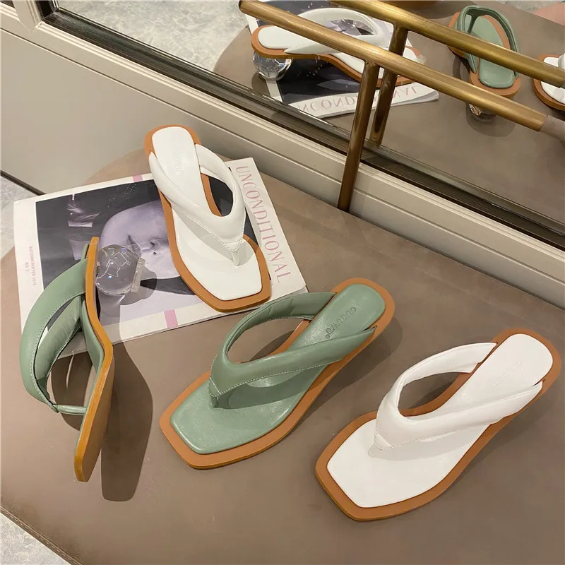 

MONMOIRA Mixed Colors Geometric Heel Slipper Sandals High Heel Flip Flops Women Vintage Square Toe Designer Shoes Women SWC0864