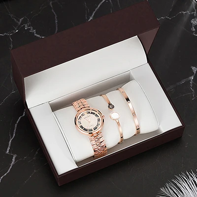 rose gold 4 шт высококачественные часы для подарка женские кварцевые часы с 2 шт браслетом из нержавеющей стали набор с подарочной коробкой лучшие продажи часов - Цвет: rose gold
