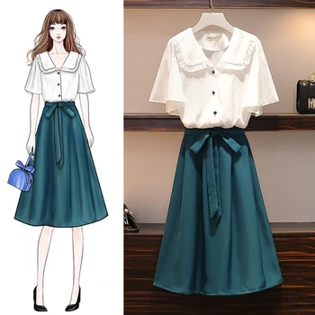 

Plus Size Loose 2 Pcs Set Korean White Shirts And Maxi Skirt Sets Elegant Clothing Women Outfits Lace-up Fashion Two Piece Skirt
