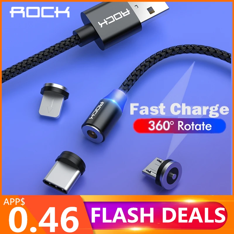 ROCK Fast Charge Magnetic Cable Type C Micro Usb Fast Charging Usb C LED Light For iPhone Xiaomi Huawei Phone 1M Magnet Charger