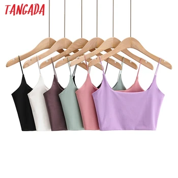 

Tangada women sexy candy color strethy camis top spaghetti strap sleeveless backless short blouses shirts female solid tops 4P7