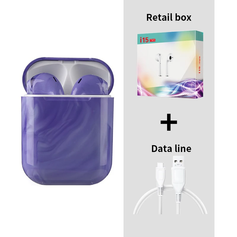purple I15 Bluetooth беспроводные наушники 3D стерео звук наушники с зарядной коробкой красочные наушники для iphone xiaomi huawei oppo - Цвет: purple