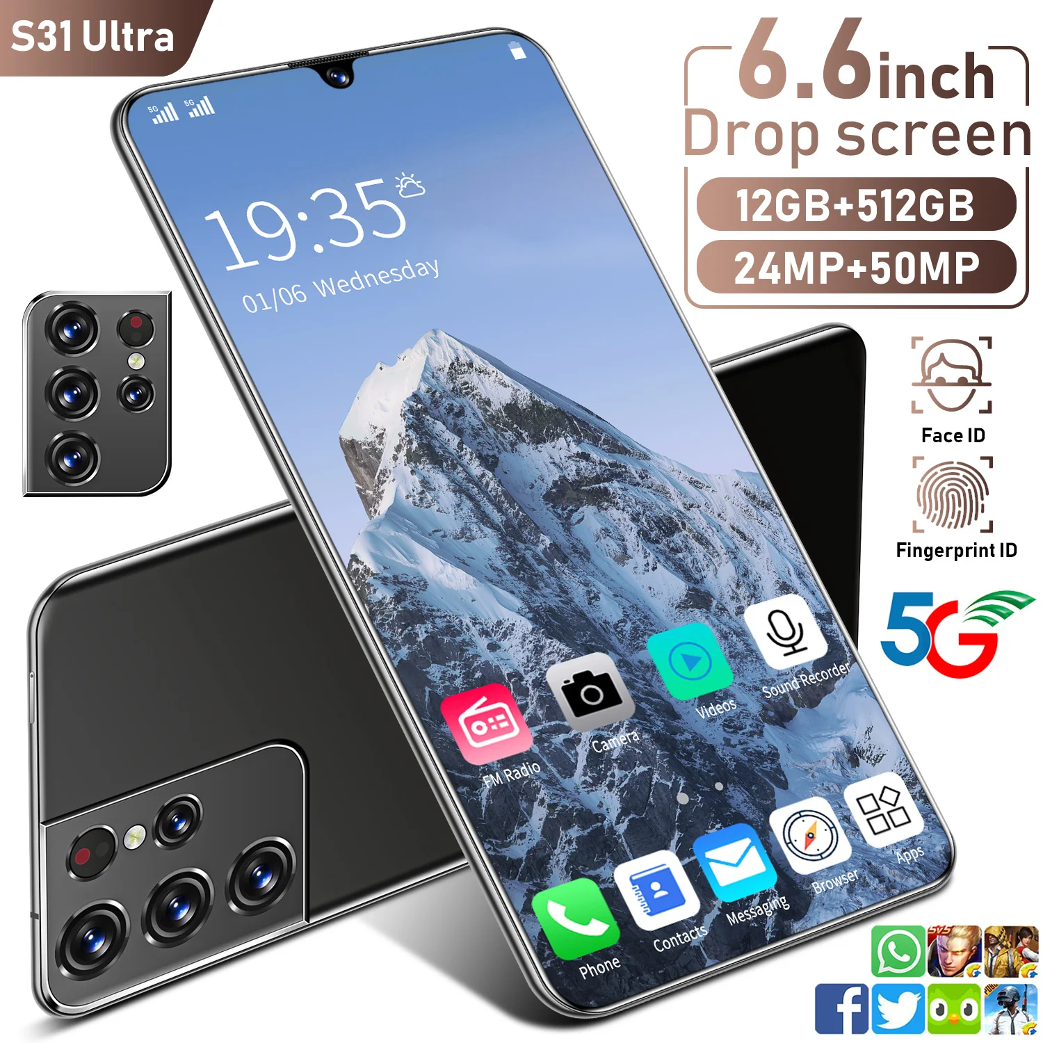 New Galxy S31 Ultra 6.6'' 10 Core Cellphone Android 10.0 12+512GB Smartphone 24+50MP Camera Double Sim GPS Mobile Phone 6000mAh