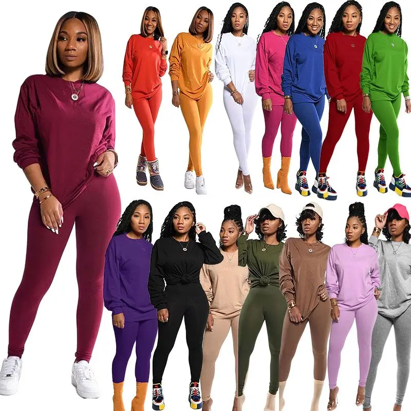 

2020 new Solid Women's Set Two Piece Set Sweatshirt Jogger Pants Suit Tracksuit Matching Set Casual Outfit