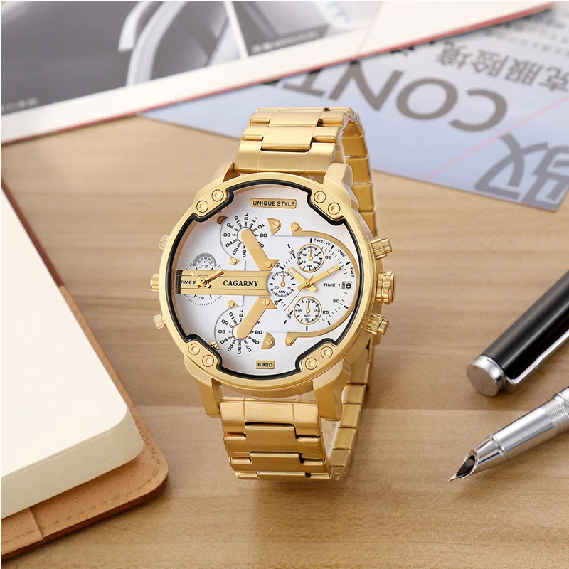 drop shipping for shopify cagarny golden stainless steel mens quartz watches man male clock fashion wristwatches dual time zones auto date military Relogio Masculino wholesale free shipping (14)