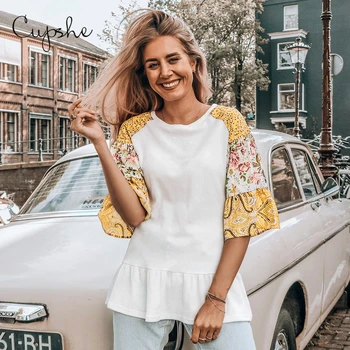 

CUPSHE Women Elegant O neck Ruffle Top Blouses Sexy Loose Puff Sleeve Top 2020 Summer Casual Half Sleeve Tops