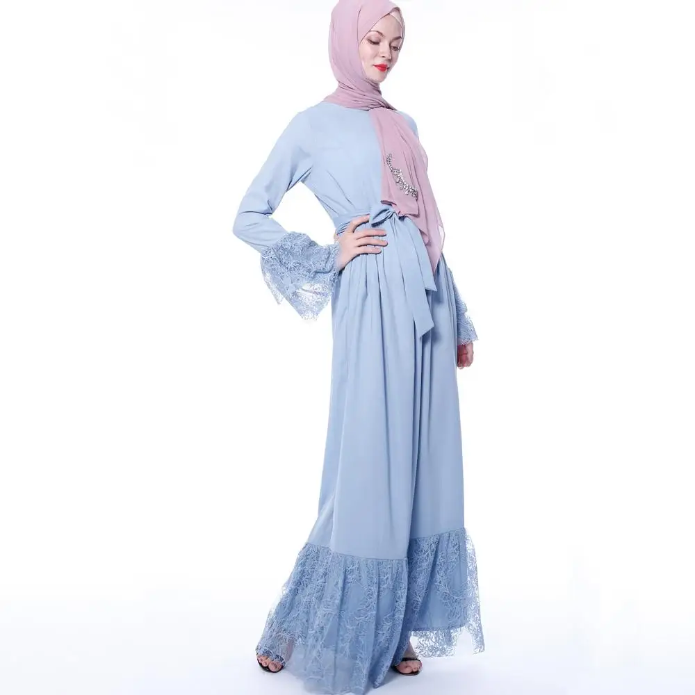 Модное кружевное платье abaya с оборками jilbaw Дубайский мусульманский Женский Платье макси с длинным рукавом исламское платье-Кафтан с поясом одежда Ближний Восток