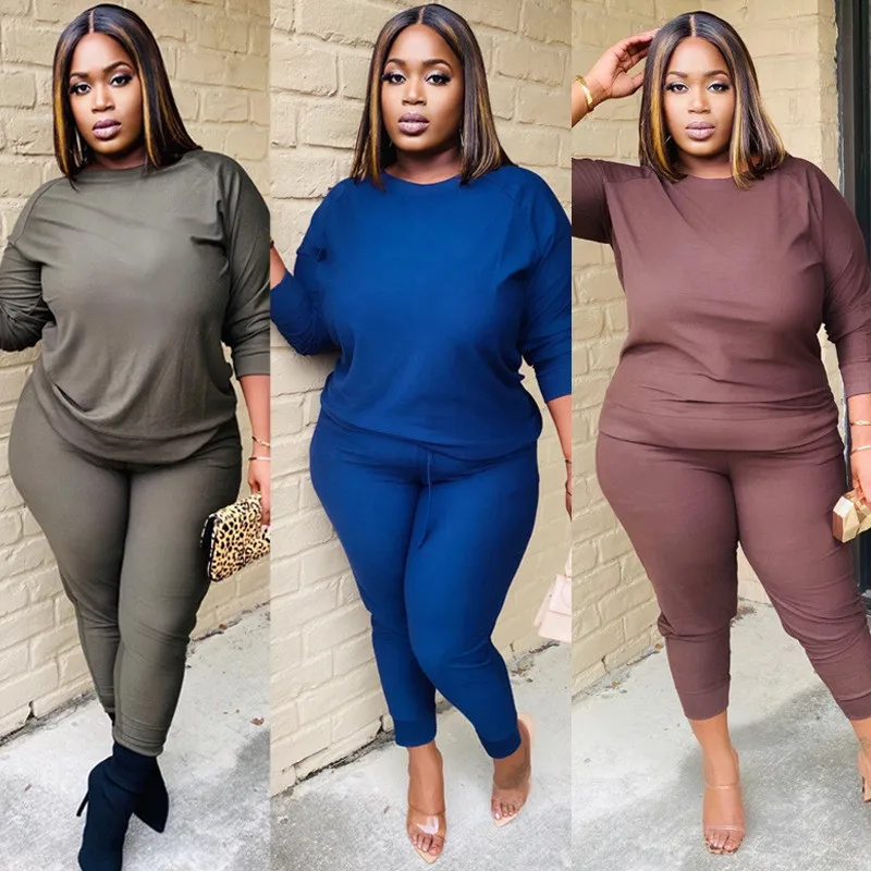Plus Größe aktive tragen frauen einfarbig zwei stück set langarm tops t lange hosen anzug schweiß anzug trainingsanzug weibliche outfit Plus Größe aktive tragen frauen einfarbig zwei stück set langarm tops t lange hosen anzug schweiß anzug trainingsanzug weibliche outfit