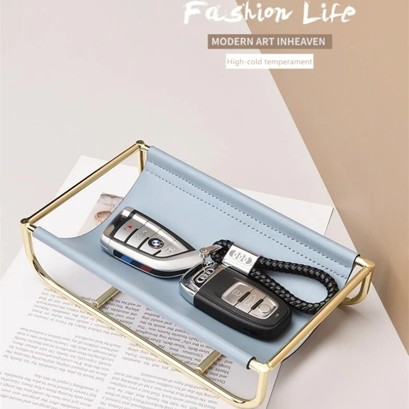 

Light luxury desktop storage rack key storage tray jewelry storage rack gold wrought iron leather home decoration