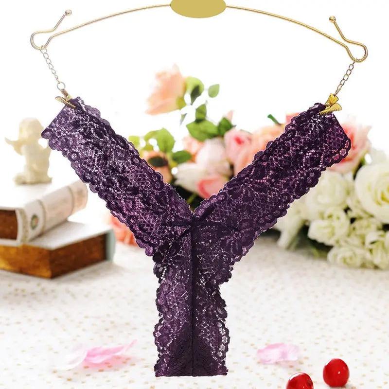 Purple Сексуальные кружевные стринги, нижнее белье, женские черные трусы с t-образной спинкой, нижнее белье, трусики, стринги - Цвет: Purple