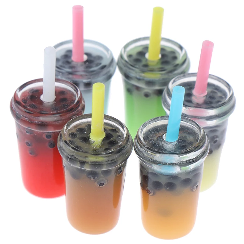 

5PCs Mini Water Resin Pearl Milk Tea Bottles Dollhouse Miniature Doll Food Kitchen Accessories Kids Gift Pretend Play Toys