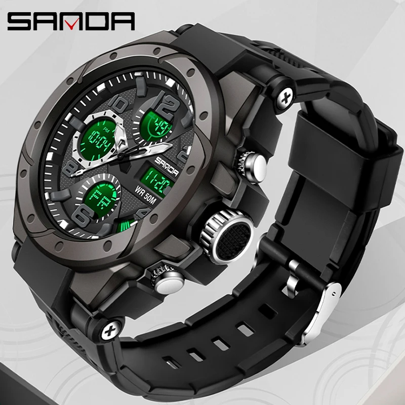 

SANDA Men Sports Watches Dual Display Analog Digital LED Electronic Quartz Wristwatches Waterproof Swimming Military Watch 6008