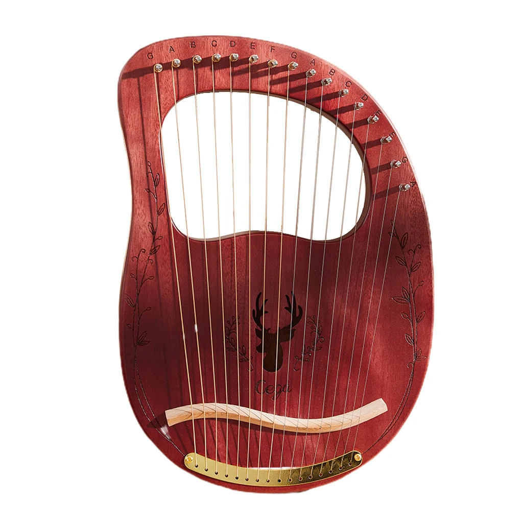 Lyre Harp 16 Strings Mahogany Wood Lye Harp with Tuning Hammer Carry Bag Instrument for Beginner