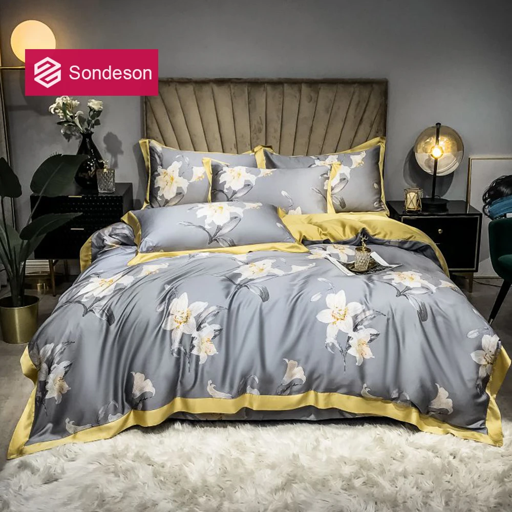 

Sondeson 100% Silk American Style Bedding Set 25 Momme Silk Flower Duvet Cover Set Pillowcase Flat Sheet Queen King Bed Set 4PCS