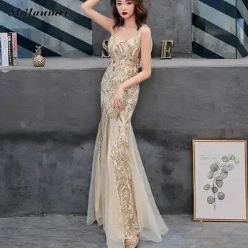 

Shinny Gold Evening Party Dresses Sequined V Neck Sleeveless Elegant Robe De Soiree Formal Dress Luxury Mesh Club Party Vestidos