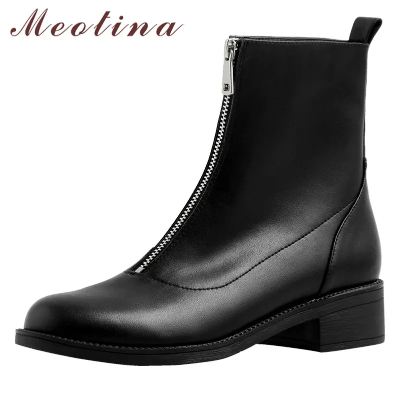 

Meotina Autumn Ankle Boots Women Natural Genuine Leather Block Heels Short Boots Zipper Round Toe Shoes Ladies Winter Size 34-39
