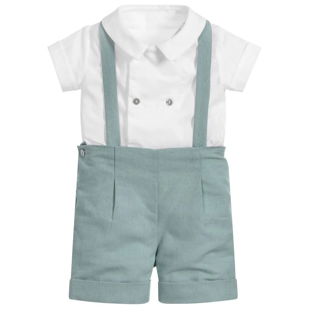 

Infant Boutique Baby Summer Clothes Set Prince Spansih Clothing Short Sleeve White Shirt Overall Pants Toddler Birthday Party