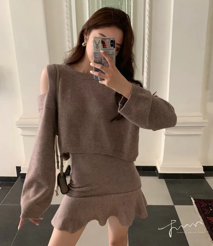 Autumn Elegant Ladies Women Fashion Loose Sexy Hollow Out Off Shoulder Pullovers Sweater+Mini mermaid Skirt Suits