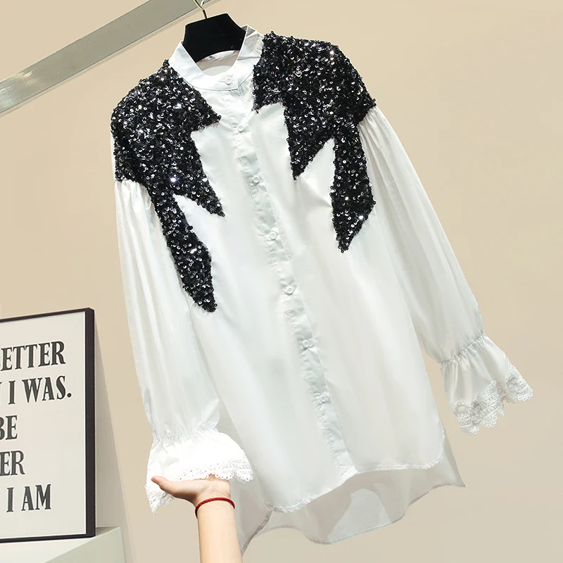 

Sequin Shirt Women 2020 Spring New Mid-Length Hand-Made Sequined Shirt Women's Blouses Blouse Women Bluzki Damskie Nancylim
