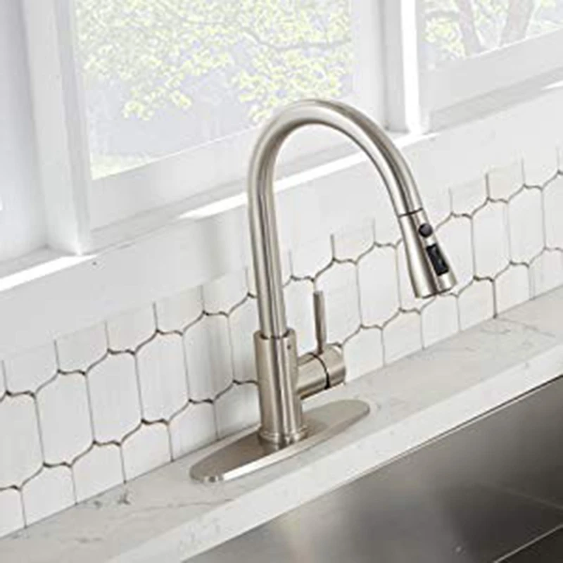  Single Handle High Arc Pull Out Brushed Nickel Kitchen Faucet Stainless Steel Sink Faucets with Pul - 4000587636570