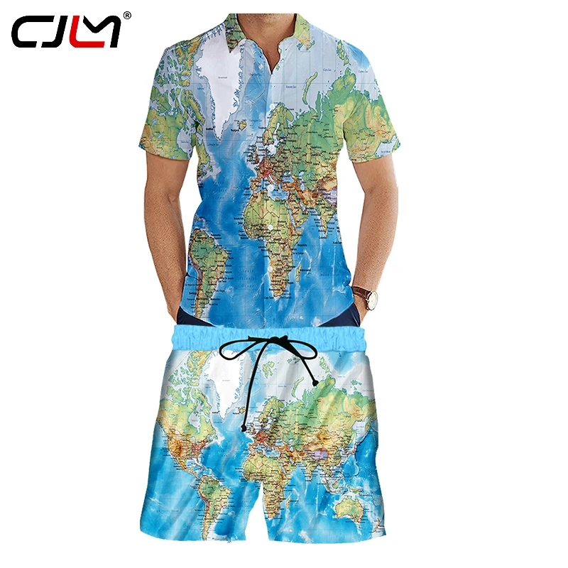 CJLM Man Hiphop Streetwear Punk Button Shirt Unisex Sports 2-piece Set Summer Men World Map 3D Print T-Shirt Dropship Wholesale