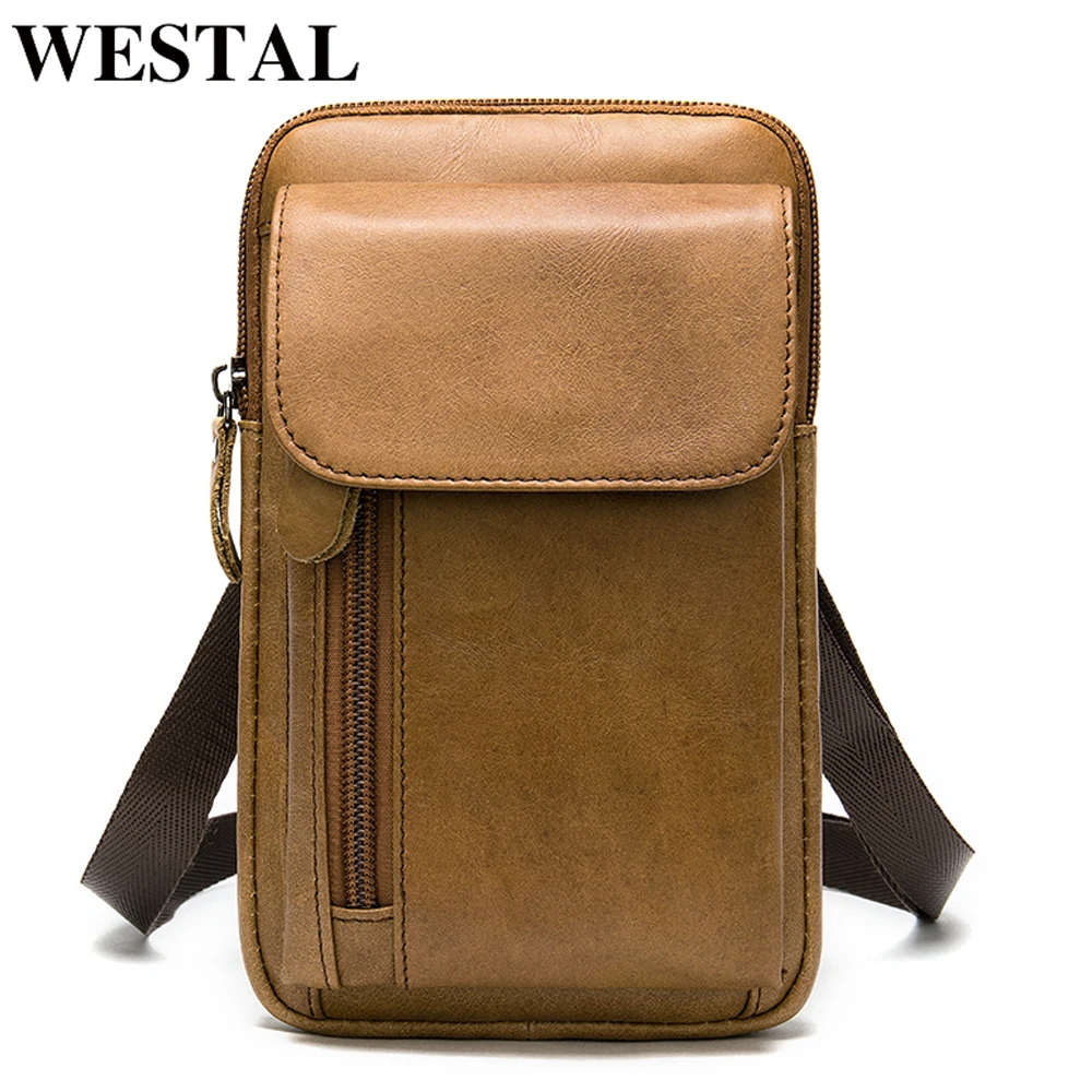 

WESTAL Men's Bag Small Genuine Leather Shoulder Bag for Men Leather Phone Bag Casual Mini Crossbody/Messenger Bags Belt Men 8993