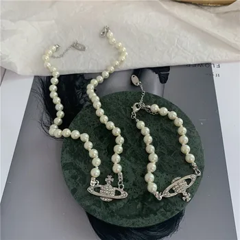 

Fashion Full Rhinestones Saturn Necklace Women Brand Artificial Pearl Luxury Pendants Necklaces Wedding Jewelry