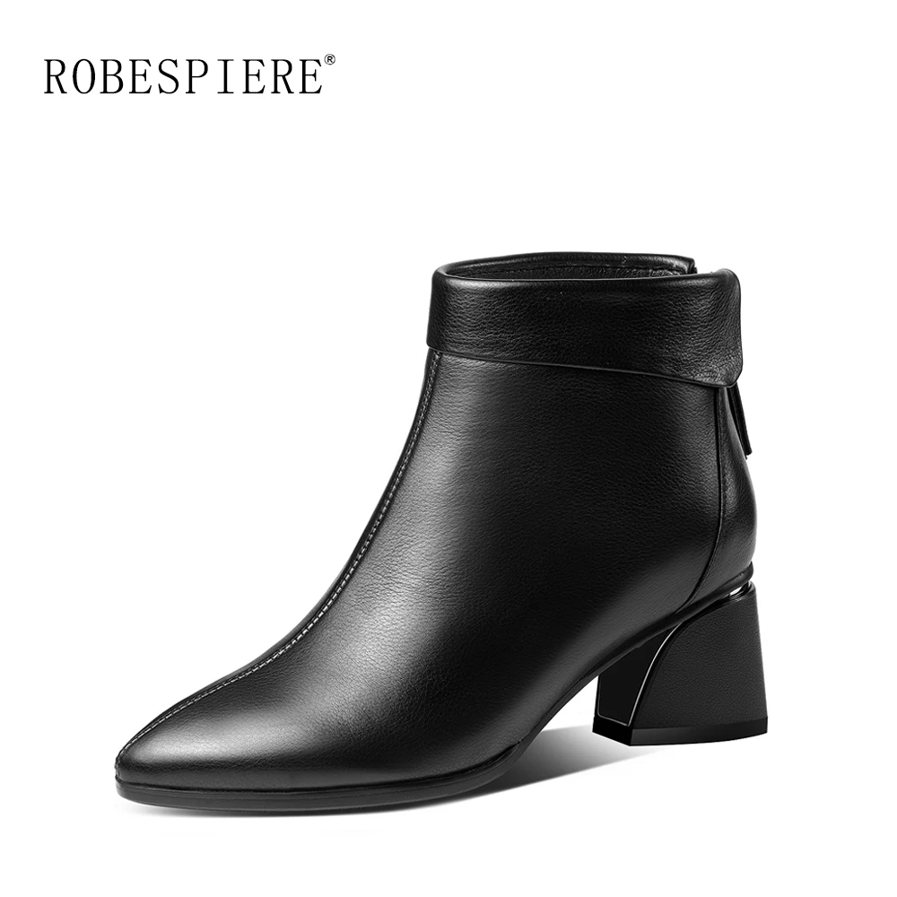 

ROBESPIERE New European Style Casual Ankle Boots Women Hoof High Heels Genuine Leather Shoes Woman Zipper Warm Plush Boots B18