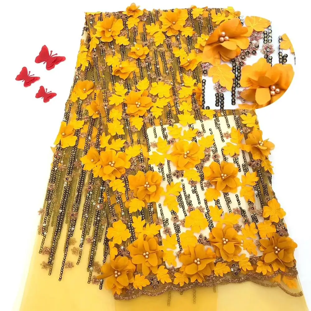 3D Цветы Дизайн Красивые африканские Кружева Ткань 5 ярдов Африканский тюль ткань с бисером для вечернего платья JIAAU051