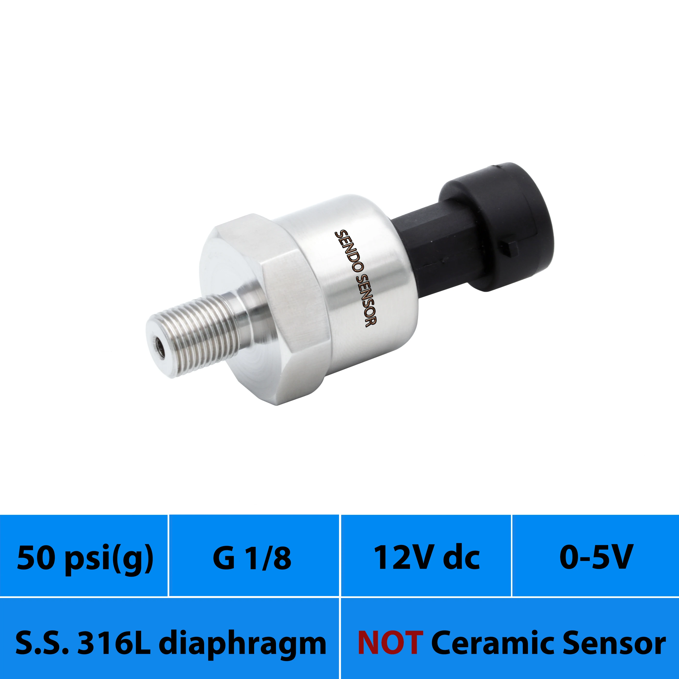 

0 50 psi, small pressure sensors, pression transducer, 9-30Vdc, 24Vdc supply, 0 to 5V signal, G 1 8 thread, AISI 316L diaphragm