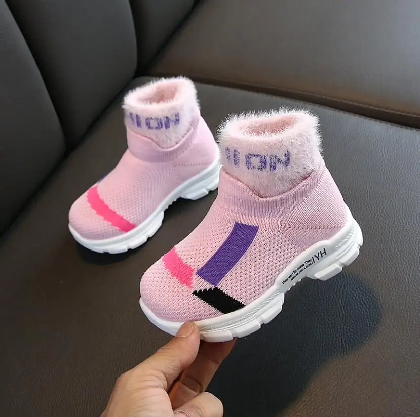 Fashion Children Casual Shoes Baby Boys Girls Martin Boots Kids Running Shoes Kids Brand Sport Shoes Child Plush Warm Snow Boots - Цвет: Pink