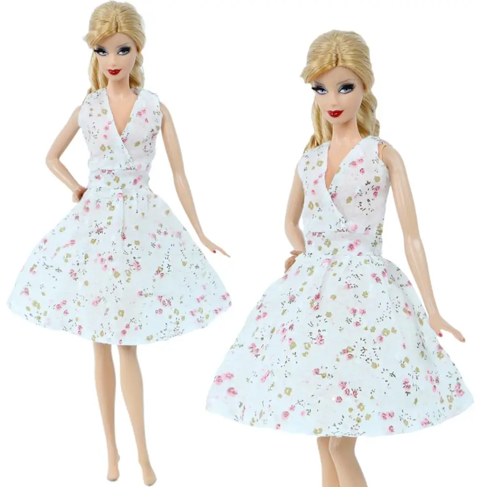 

1 Set Elegant Sleeveless White Floral Dress Flower Skirt Party Dating Wear Dollhouse Accessories Clothes for Barbie Doll Toy