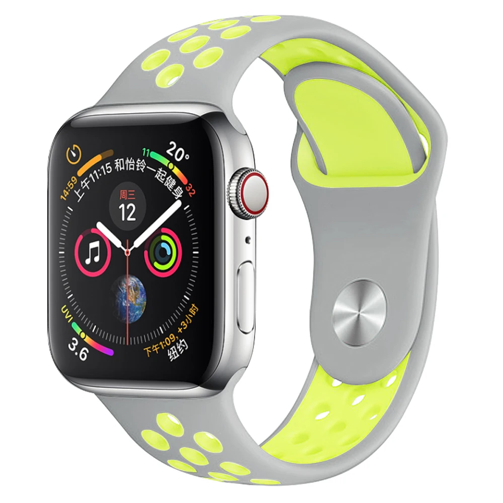 Silver Yellow 03 Силиконовый спортивный ремешок для наручных часов Apple watch, ремешок 38 мм 40 мм 42 44 мм наручные браслет, ремешок для наручных часов iWatch серии 4/3/2/1 женские полос - Цвет ремешка: Silver Yellow 03