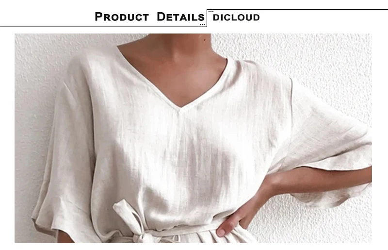 DICLOUD Casual Solid Cotton Linen Dresses Women Summer Short Sleeve V Neck Mini Party Dress Ladies A-line Summer Outfit