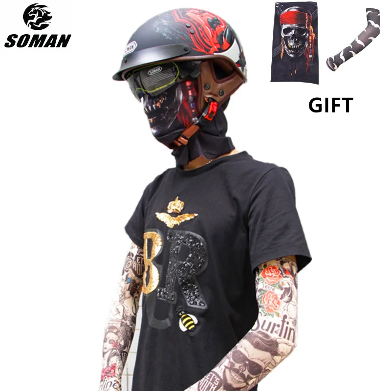 

Motorcycle Cool Half Casco De Moto DOT Vintage Helmet Half Face with Face Mask and Sleeves Half Capacete Anti Glare Moto Helmet