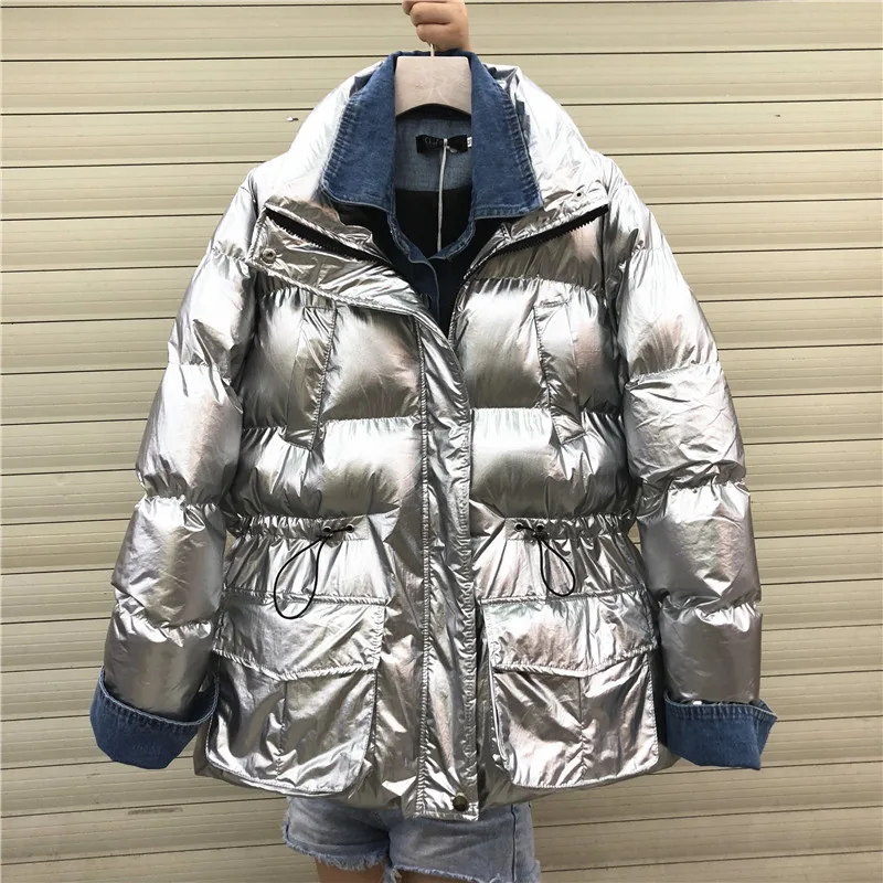 New Denim stitching Women winter jackets Short warm coat Silver bread styl ladies parka winter Thick Cotton Padded coat Outwear