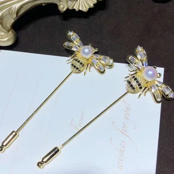 

DIY accessories Korean delicate joker golden natural pearl bee brooch pin a corsage pin female a word