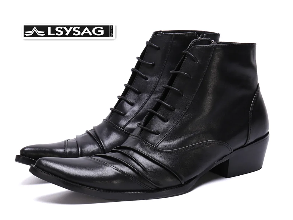 

British Style Handmade Men Genuine Leather Boots Black Pointed Toe Ankle Boots Male Lace Up Business Dress Shoes