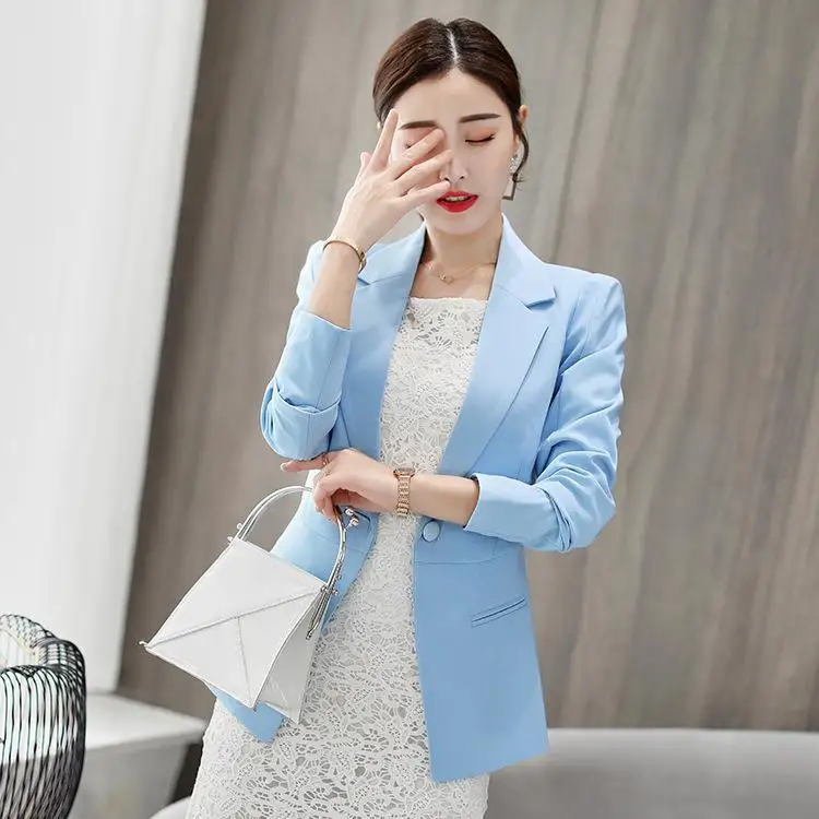 Brand Spring Autumn Slim Fit Women Formal Jackets Office Work Suit Open Front Notched Ladies Solid Black Coat Top Blazers Jacket - Цвет: Light Blue