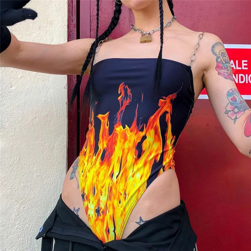 

Hot Women Bodysuit Flame Print Strap Backless Bodycon Top Streetwear Fashion Sleeveless Bodysuit Female Skinny Body Bodysuits