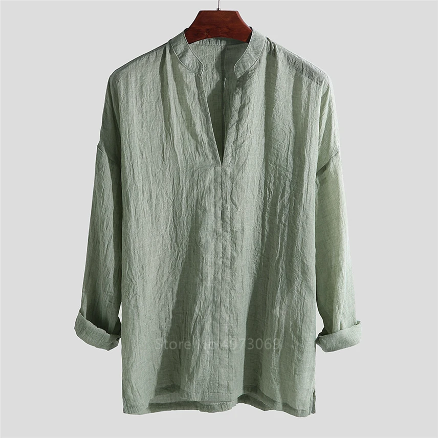 Chinese Tops for Men Long Sleeve Solid Linen Traditional Kung Fu Vintage New Year China Retro Fashion Style Tai Chi Clan Clothes