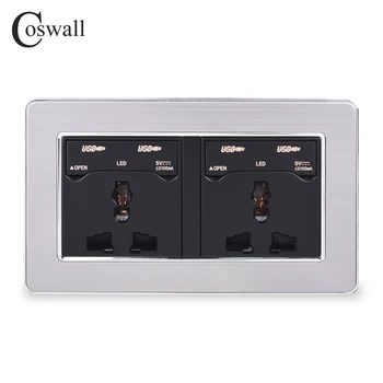 

COSWALL 2 Gang 13A Universal Wall Power Socket + 4 USB Charge Port With LED Indicator Stainless Steel Panel With Dust-proof Lid