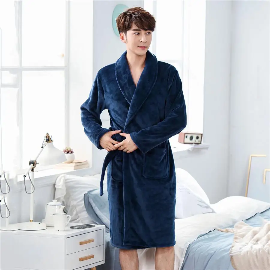Коралловый флис, мужской халат, кимоно, повседневный халат, зимняя фланелевая мягкая домашняя ночная рубашка, теплая одежда для сна, ночная рубашка - Цвет: Navy Blue6