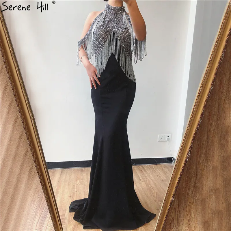 Роскошное сексуальное платье без рукавов из Джерси, вечерние платья, платье русалки с отделкой бисером и кисточками, черное торжественное платье Serene Хилл DLA70346